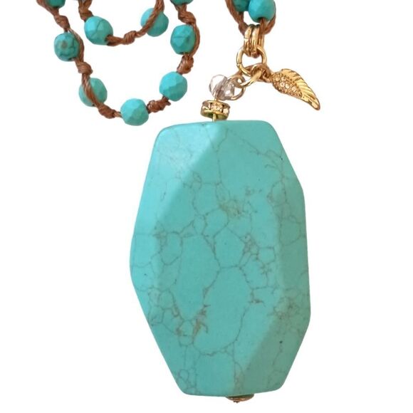 Sequin Brand Faux Turquoise Pendant Necklace Beaded Bohemian Witchy Hippie Boho - Picture 3 of 15